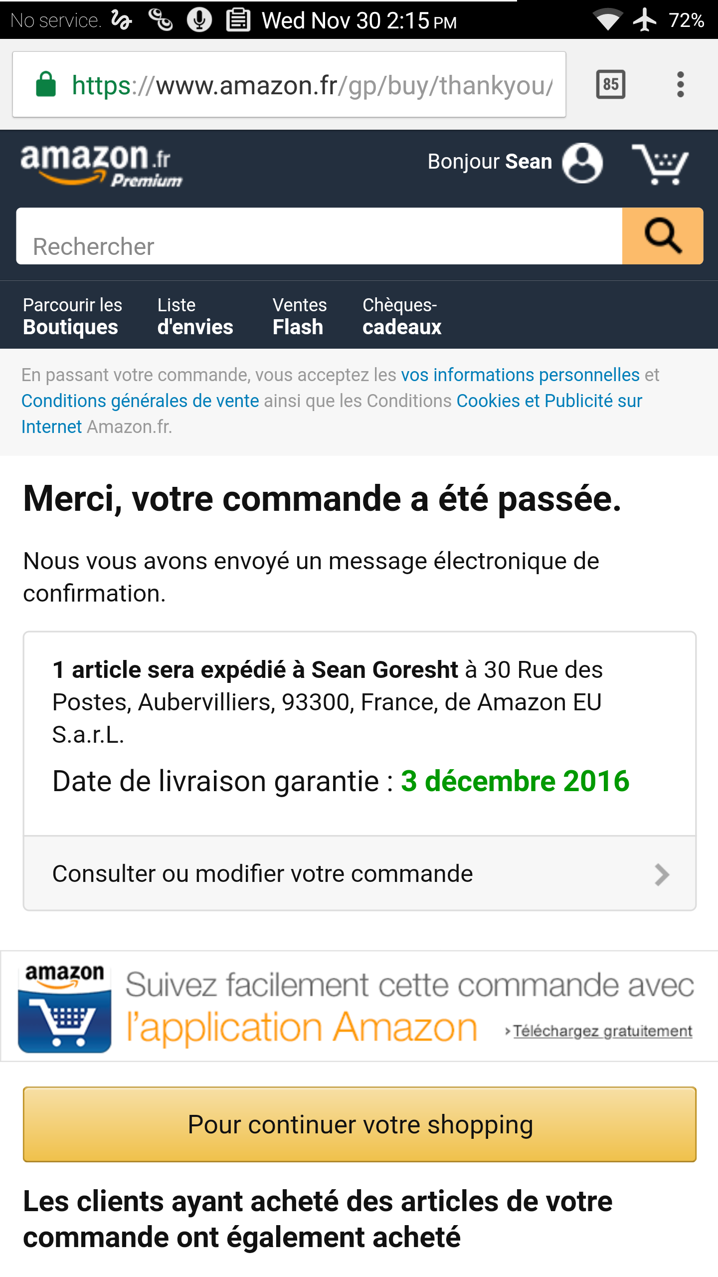 Amazon.fr Completed Transaction Screen on Mobile