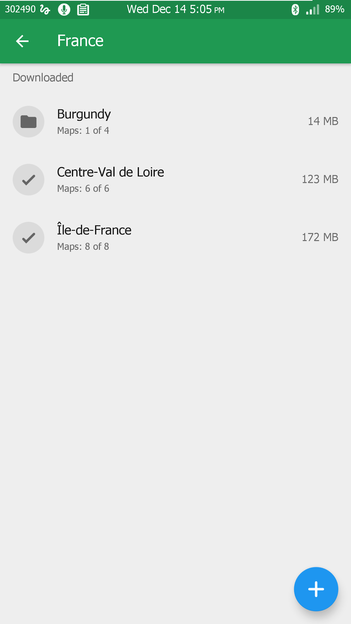 List of downloaded maps, with Paris taking up 172MB