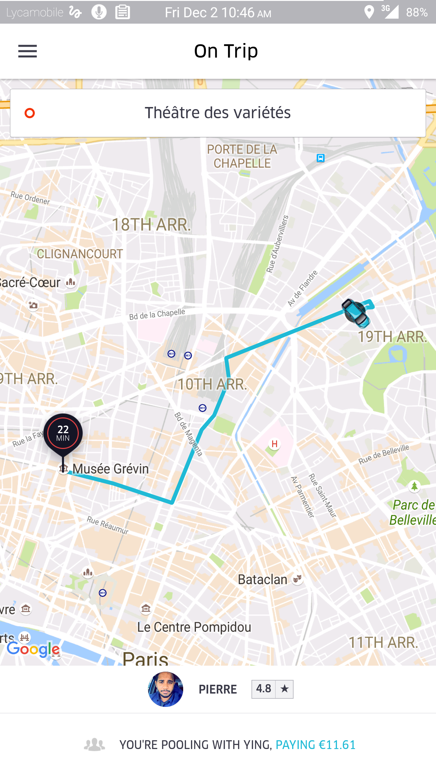 Uber App for Android Screenshot, costing 11.61 euros